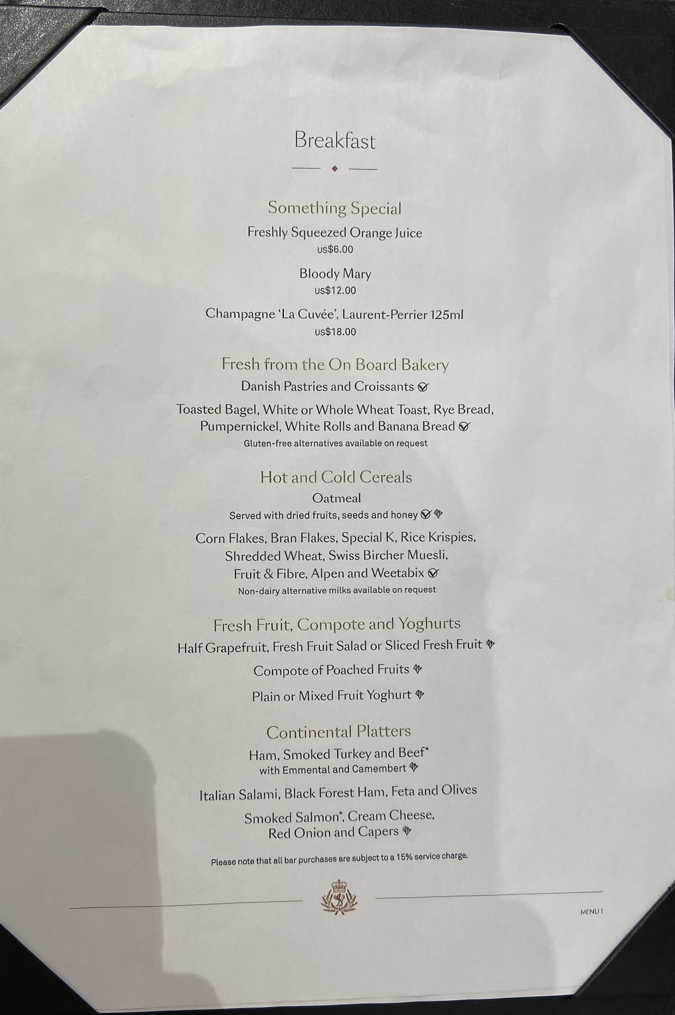 Cunard Main Dining Room Breakfast Menu